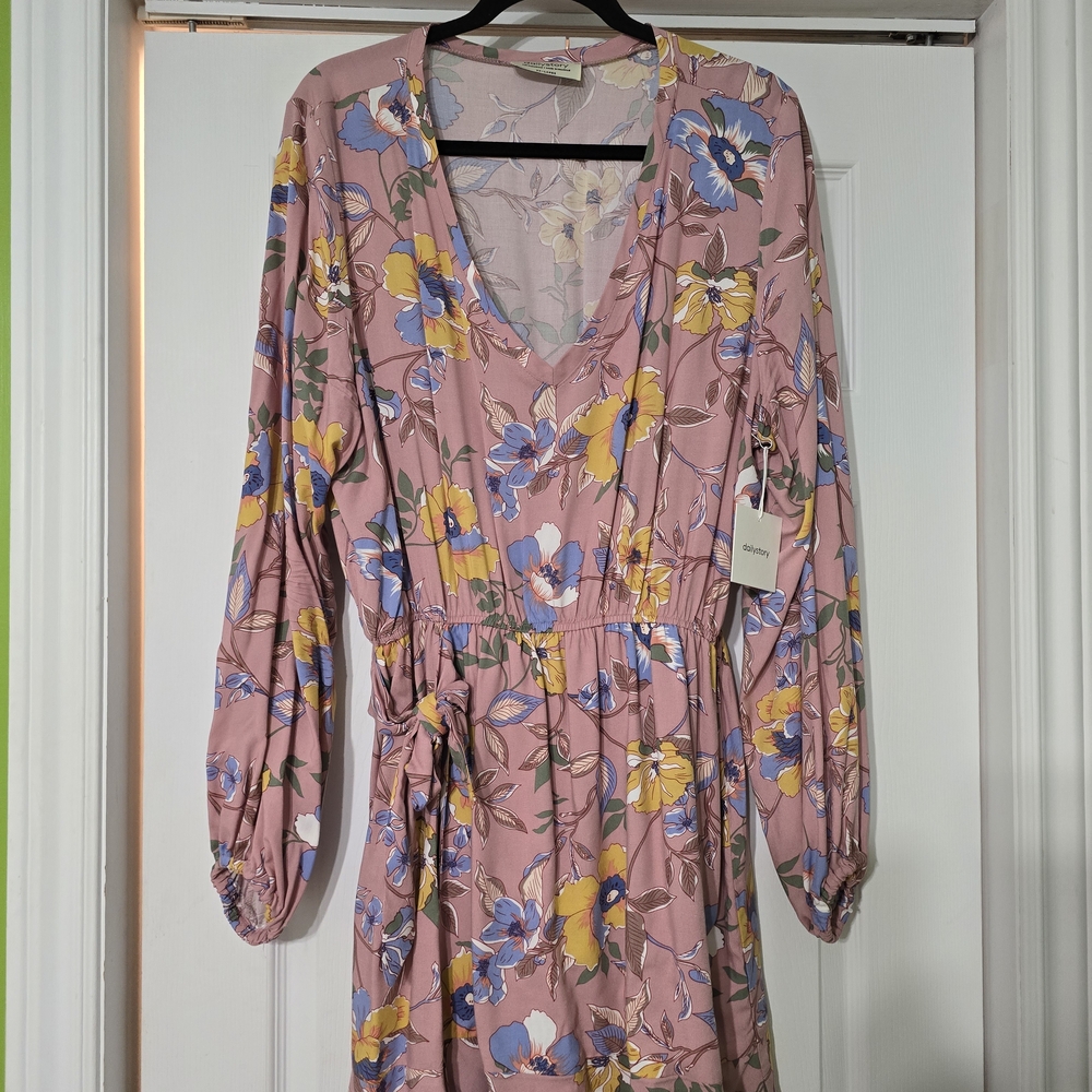 Floral V-Neck Mini Dress - Pink and Yellow